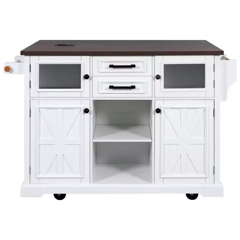 sumyeg 54.9 Kitchen Island with Drop Leaf, Power Outlet, Storage Cart with Glass & Barn Doors, 4 Shelves&Wheels (No Stools)