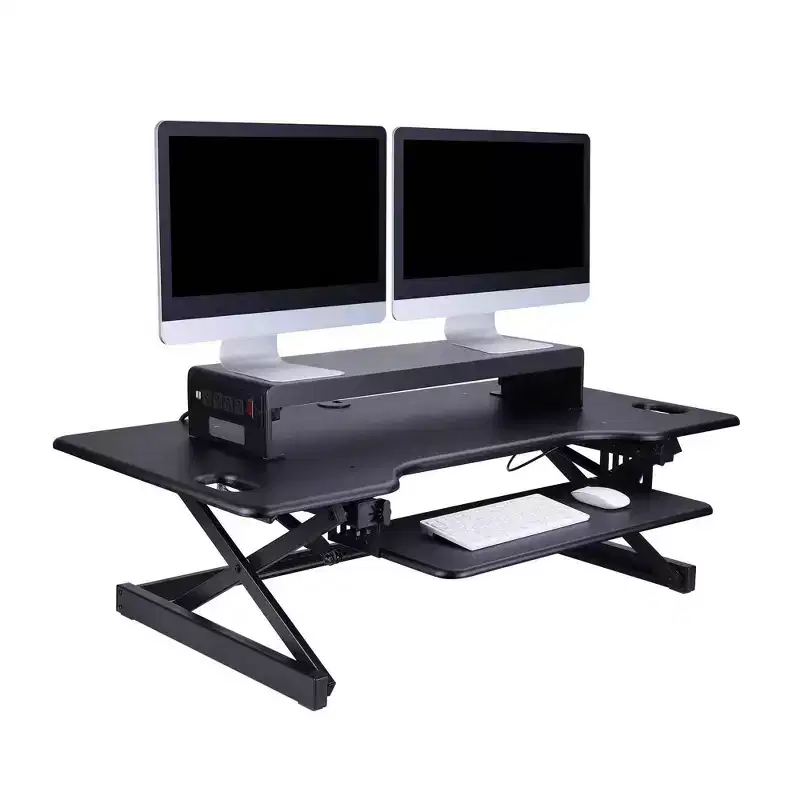 Double Articulated Dual Monitor Desk Mount with Power Black - Rocelco: 4 AC Outlets, 2 USB Ports, No Assembly
