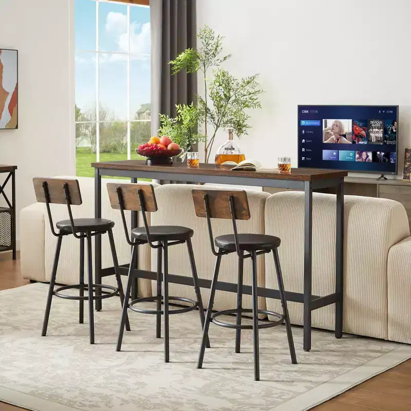 JVNOXK 63-inch Long Bar Table and Chair Set, Includes 3 PU Padded Bar Stools, Industrial Style, Suitable for Living Rooms ,Dark Brown