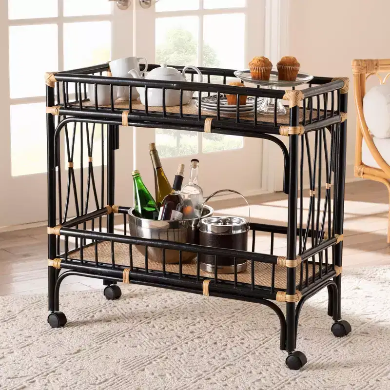 2-Tier Rattan Kitchen Cart Bohemian Two-Tone Black and Natural Brown