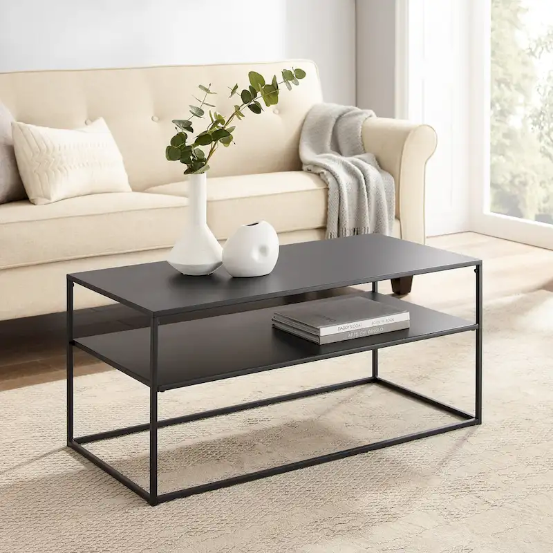 Industrial Steel Coffee Table with Matte Black Finish & Lower Shelf, 50 lb Capacity, Modular Design