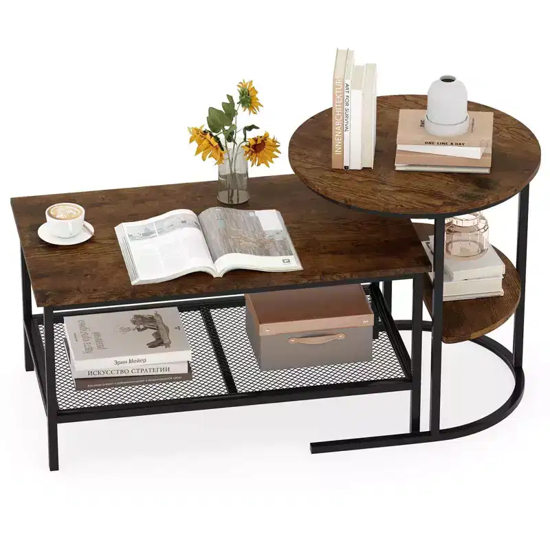 Costway Coffee Table Set of 2 2-Tier Rectangle Coffee Table and Side End Table White & Gold/Rustic Brown & Black/White & Black