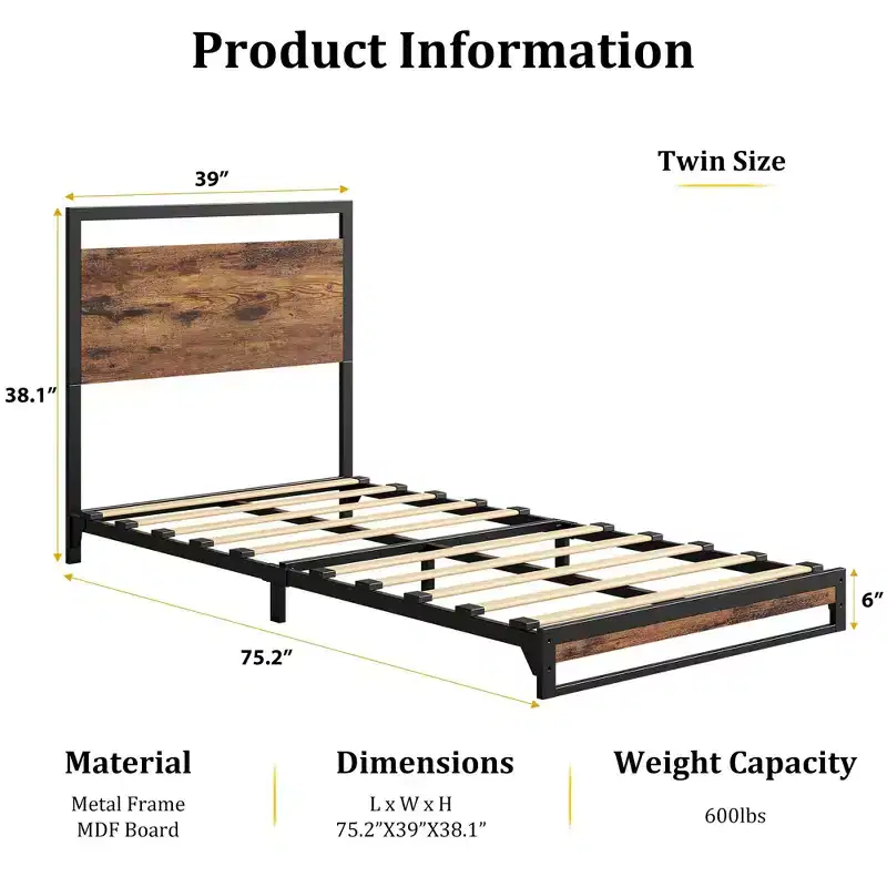 Set of 2 Platform Bed Frame with Wooden Headboard and Footboard, Heavy Duty Wooden Slats Support, No Box Spring Needed (6 Inch Twin Size )