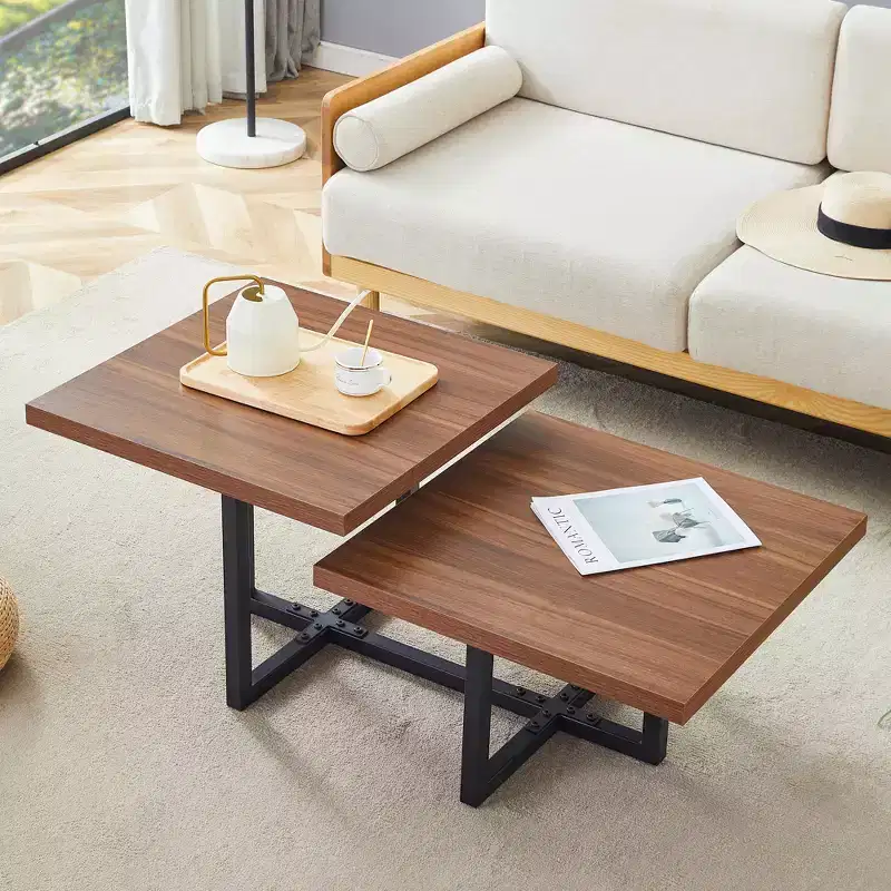 GDFStudio Aaron Dark Double-Deck Wood 47W Coffee Table with Metal Criss Cross Base