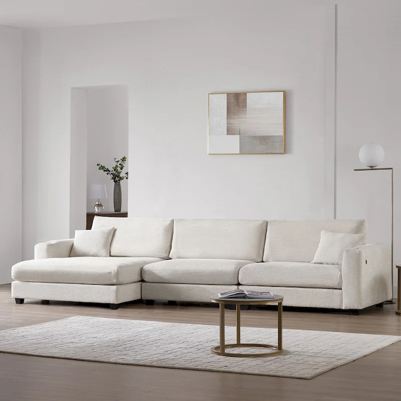 Large L-Shaped Cloud Couch in Beige Corduroy - Deep Seat Sofa Bed with USB, Cup Holder