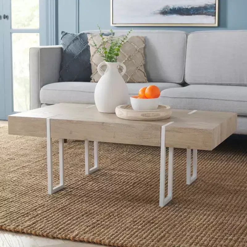 Rectangle Coffee Table | Brown Wood Veneer Top | Iron Loop Leg Frame | Holds 110 lbs