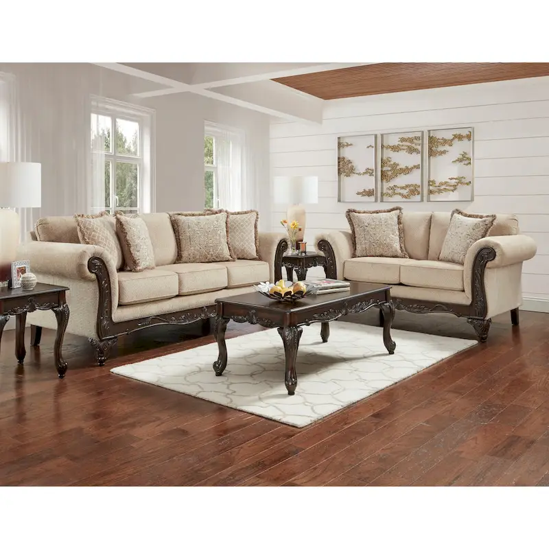 Roundhill Furniture Hernen 2-Piece Carved Wood Frame Living Room Set