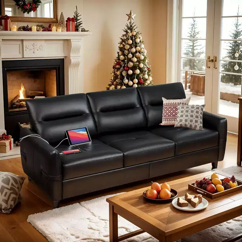TYBOATLE 85 Faux Leather 3-Seater Sofa with USB Ports, Mid-Century Modern Couch for Living Room, Office, or Apartment  Black