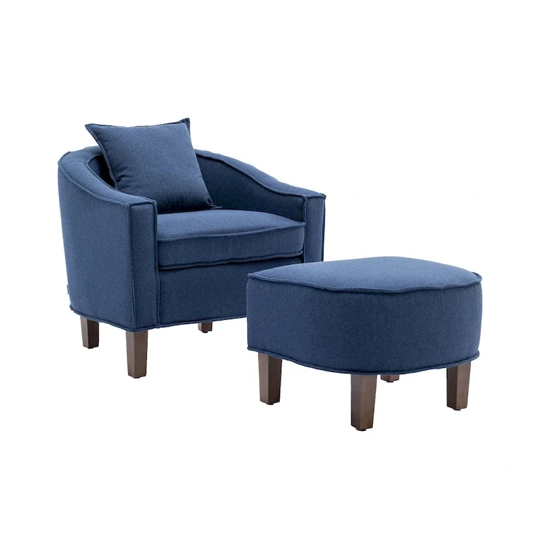 Linen/Polyester Upholstered Mid Century Barrel Chair with Ottoman