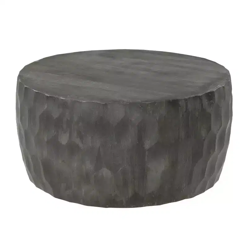 34 Inch Handcrafted Mango Wood Coffee Table, Hammered Round Drum Shape, Honeycomb