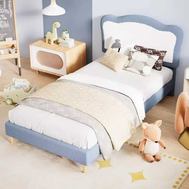 Upholstered Bed Frame for Kids with Scallop Headboard, Cute Velvet Bed for Girls & Boys, Sturdy Platform Bed with Wooden Slats, Noise Free