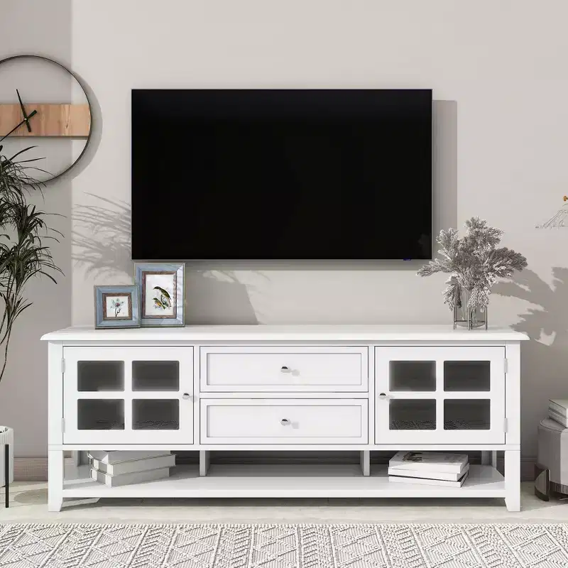 TROPOW Mid-Century Modern TV Stand for 60 inch TV with Multi-Functional Storage Space Media Console for Living Room Bedroom and Office WHITE