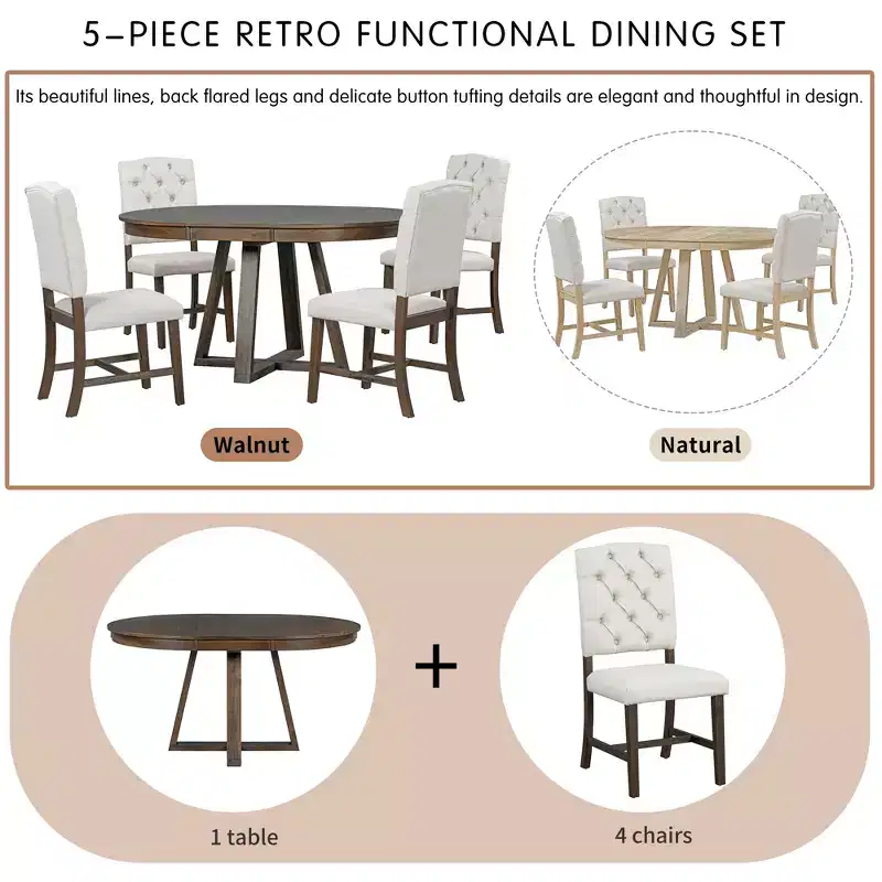 Whisen Retro Style 5-Piece Extendable Dining Set with 4-Botton Tufted Upholstered Chairs