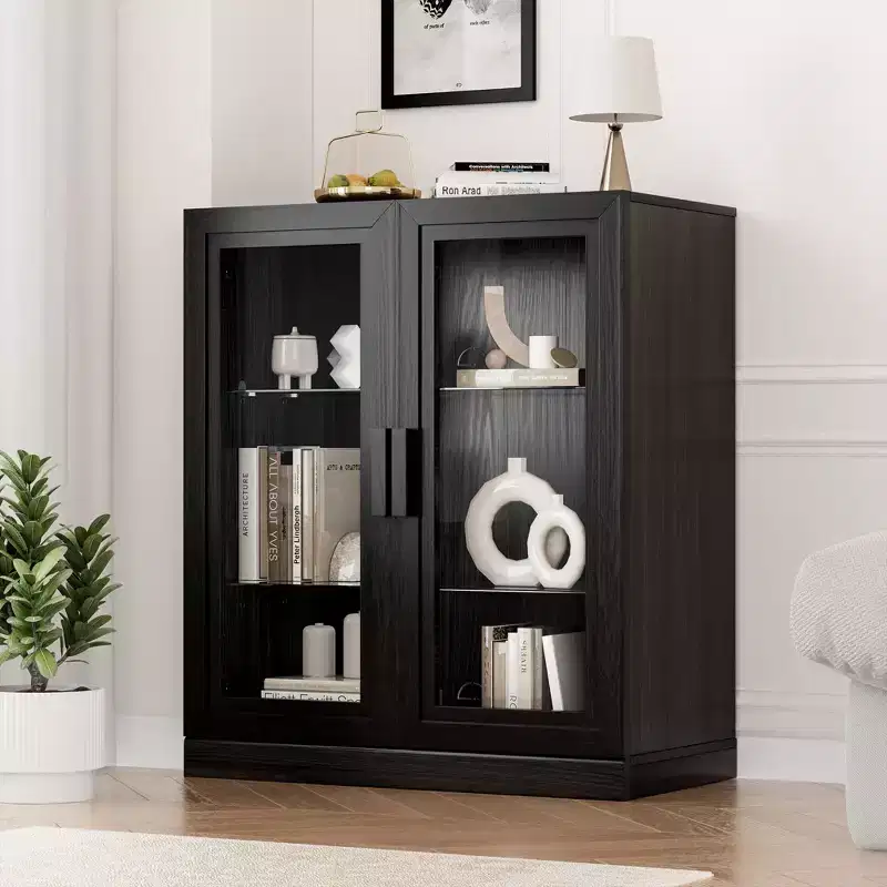 Black Wood Grain Storage Cabinet with Double Glass Doors, Decorative Storage Cabinet