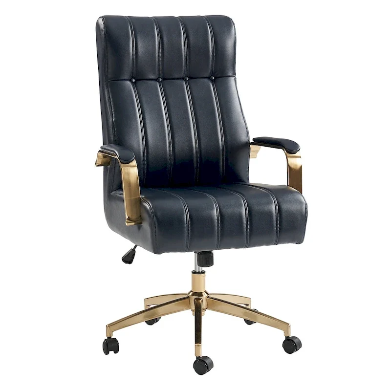 Mid-Century Modern Vegan Leather Swivel Tilting Office Chair with Channel Tufted and Metal Feet