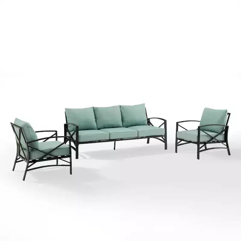 Kaplan 3pc Outdoor Sofa Set with Sofa & 2 Arm Chairs - Mist - Crosley: Steel Frame, Weather-Resistant