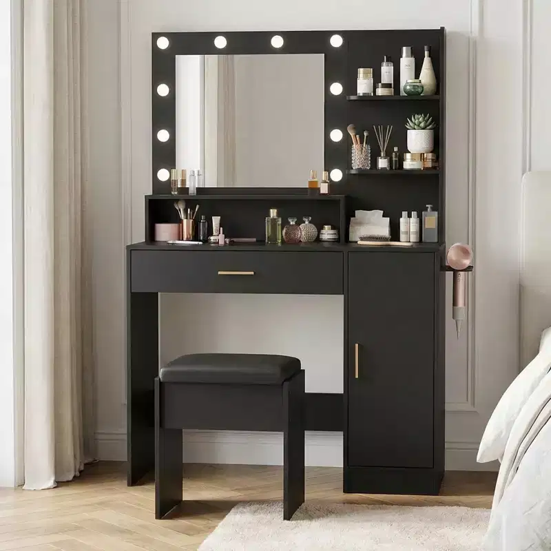 Makeup Vanity Desk with Mirror, Vanity Table Set with PU Cushioned Stool, Large Drawer & Cabinet & Hairdryer Rack, Modern Bedroom Dressing Table