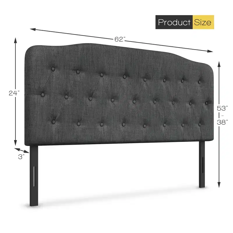 Queen Upholstered Headboard Adjustable Button Tufted Faux Linen Light Grey