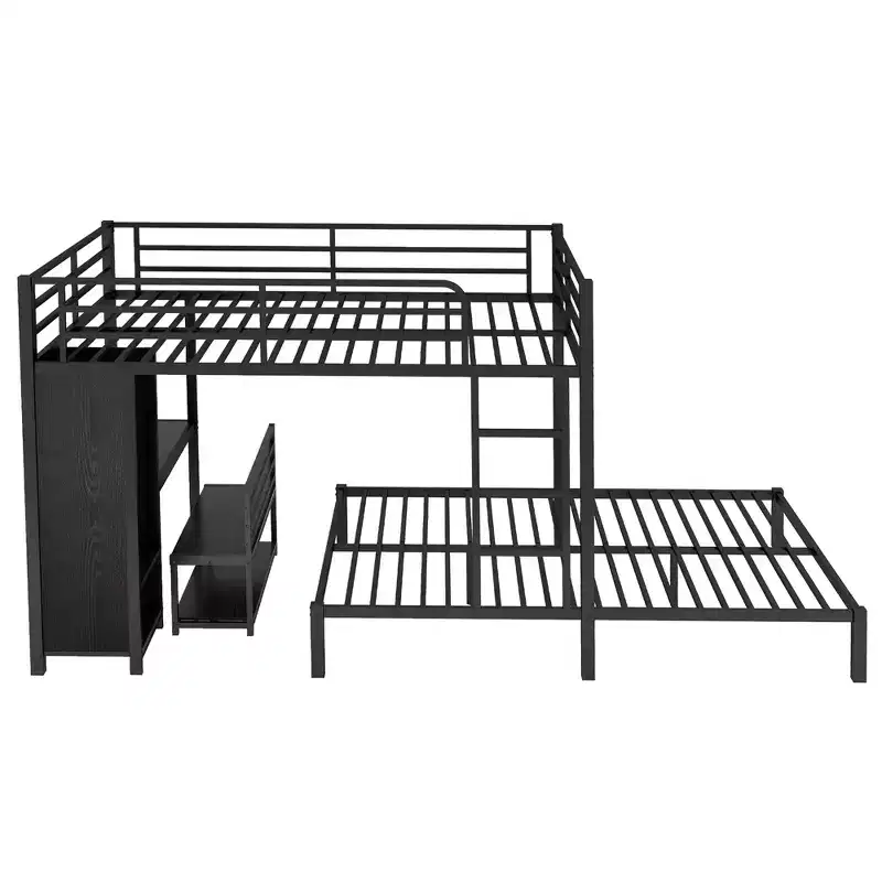 Queen over Queen Size Bunk Bed Frame with Built-in Wardrobe, Metal Bunk Bed with Desk and Storage Chairs, Black