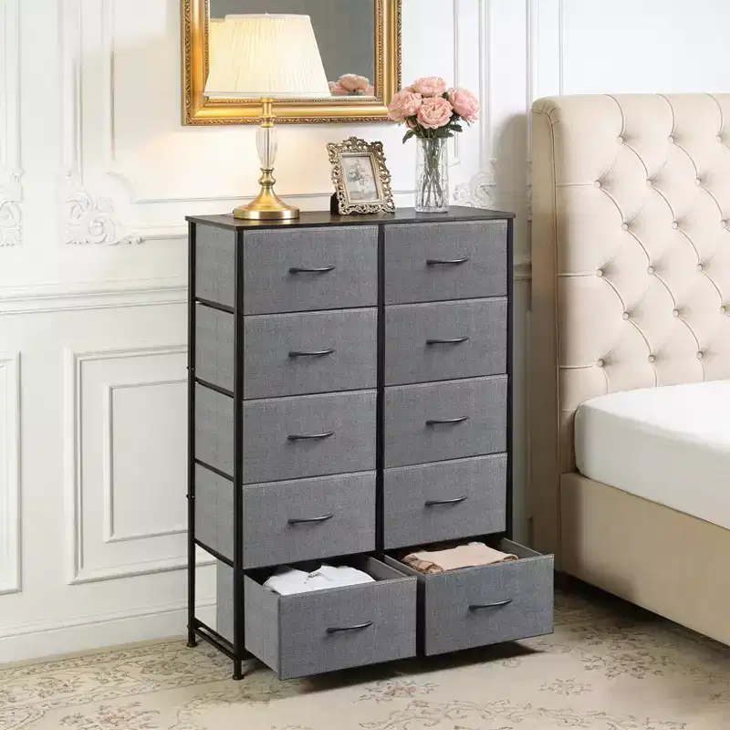 Metal Frame 10-Drawer Fabric Storage Tower Gray