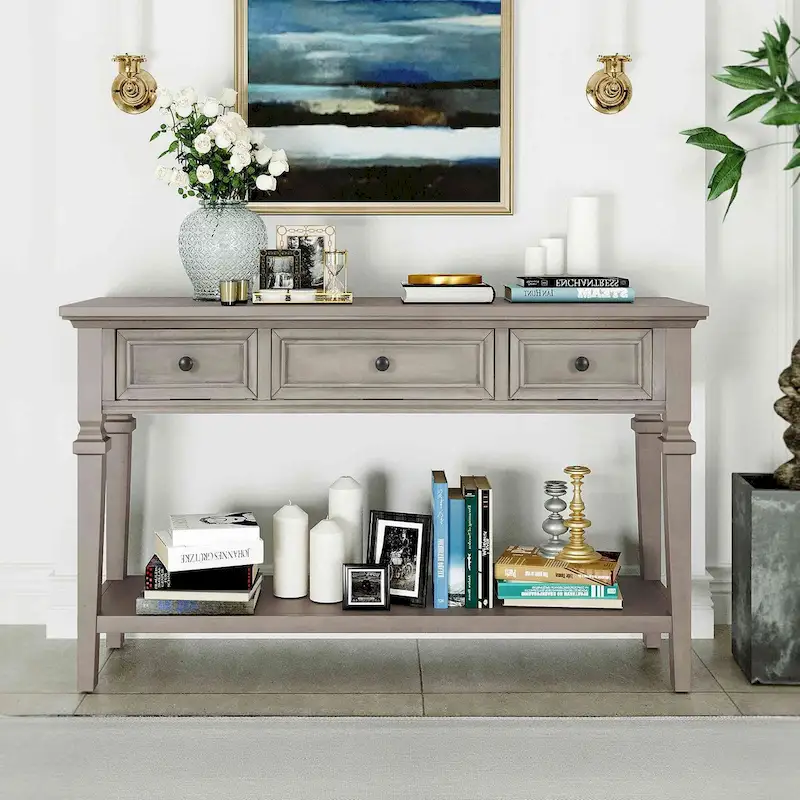 Retro Style Console Table with 3 Drawers and Open Bottom Shelf - Gray Wash