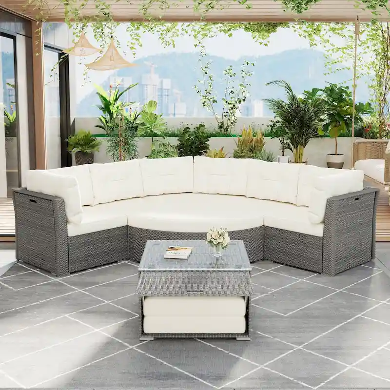 Patio Daybed Set - Rattan Sectional with Cushions & Center Table for Backyard, Pool, Lawn