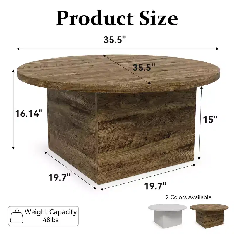 35-Inch Round Coffee Table, Engineered Wood, Mid-Century Modern Design, Pedestal Base, White