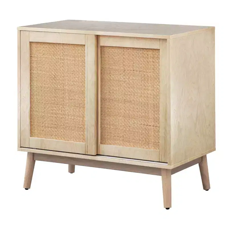 Buylateral Rosen Rattan Sliding Door Buffet Natural: Mid-Century Modern Sideboard, Adjustable Shelves
