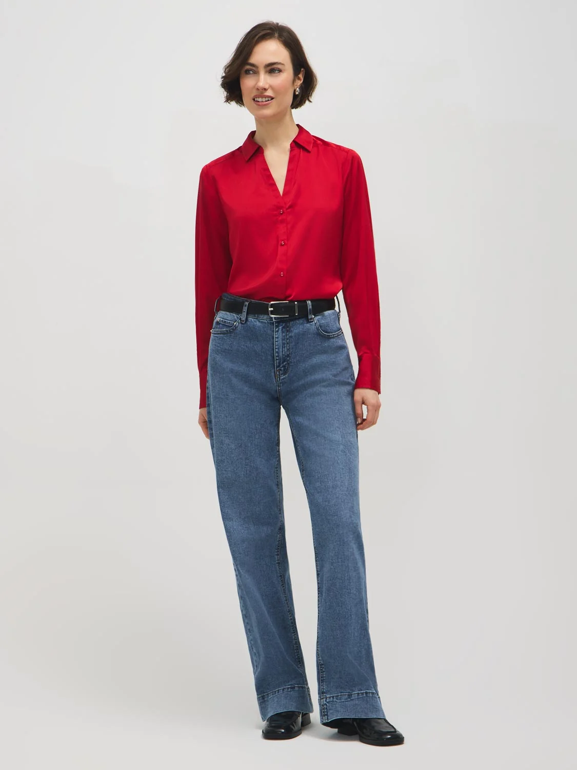 Johnny Collar Satin-Like Blouse