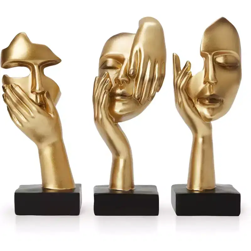 Golden Abstract Resin Mask Sculpture Handcrafted Art Decor for Living Room, Bedroom
