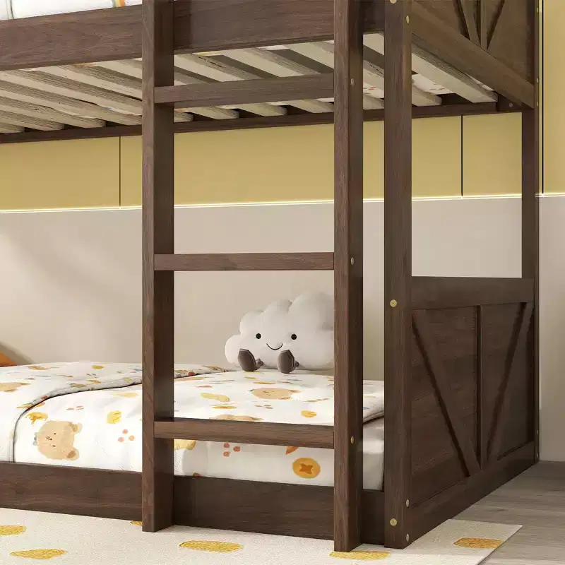 Twin over Twin Floor Bunk Bed with Rubber Wood Frame, Panelled Headboard and Footboard