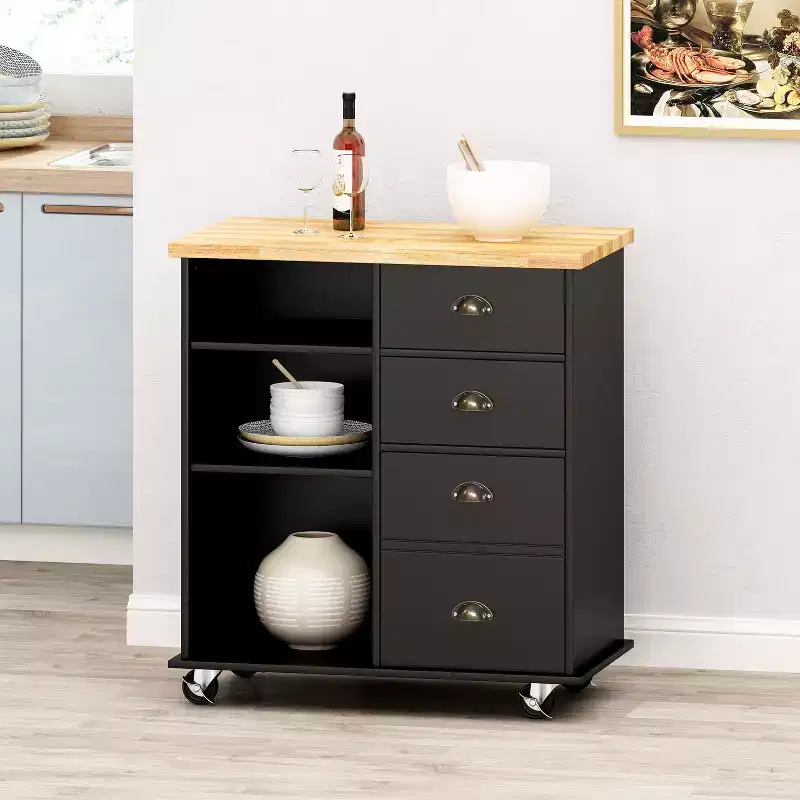 Contemporary Kitchen Cart with Wheels and 2 Drawers