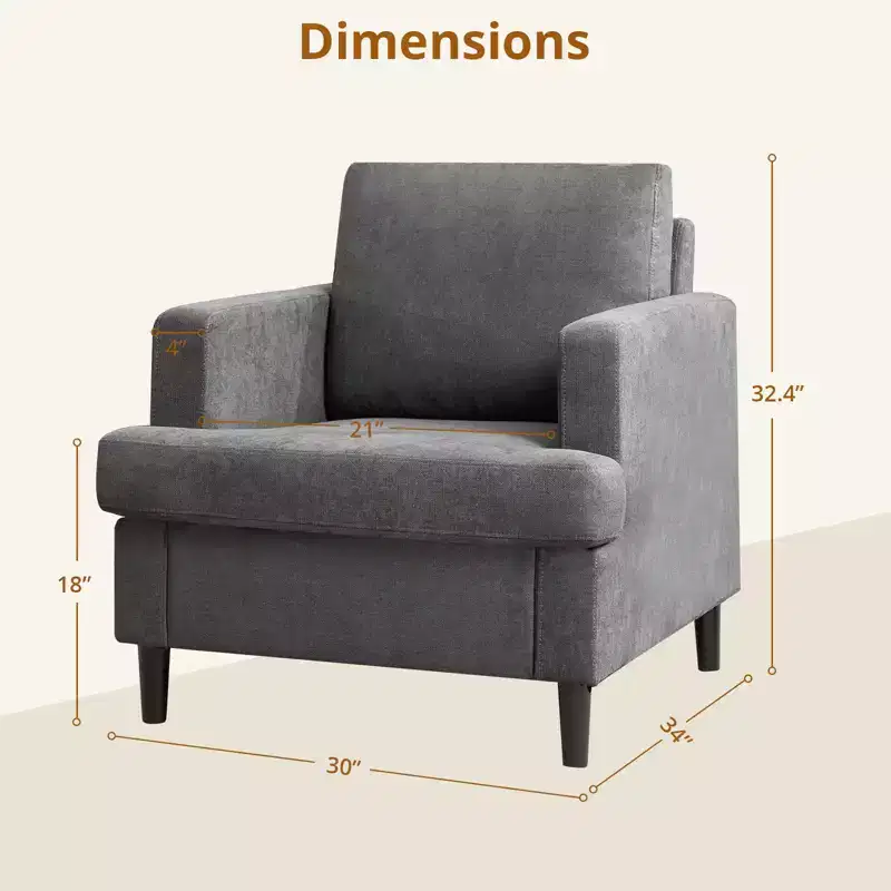 Modern linen chair for living room single sofa chair with wooden legs and pillow, fabric living room side chair
