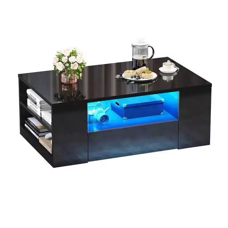 Modern Coffee Table For Living Room High Gloss LED Coffee Table Wood Center Table With 2 Sliding Drawers And Open Side Shelf