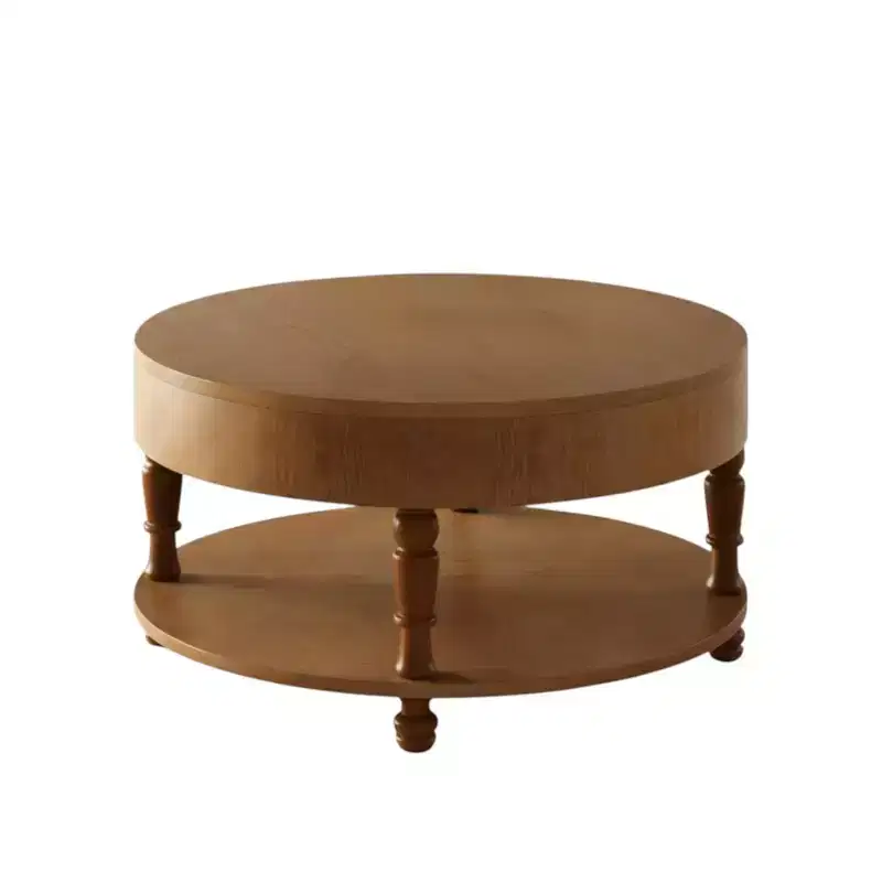 32 Natural Wood Round Coffee Table with Hidden Storage and Shelf