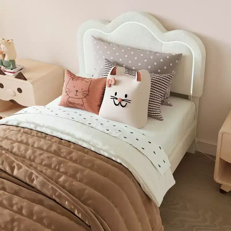 Twin Upholstered Bed Frame with Adjustable Mountain Headboard Kids Platform Bed Frame with Wooden Slats Support and RGB LED Light