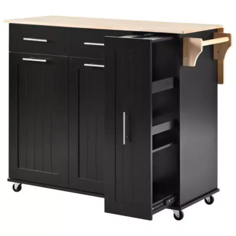 Black Kitchen Island with Drop Leaf 3 Tier Cabinet Organizer, Rolling Kitchen Cart on Wheels for Kitchen Dining Room