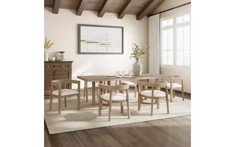 Ellie Modern 7-Piece Rubberwood Upholstered Dining, Beige/Light Ash