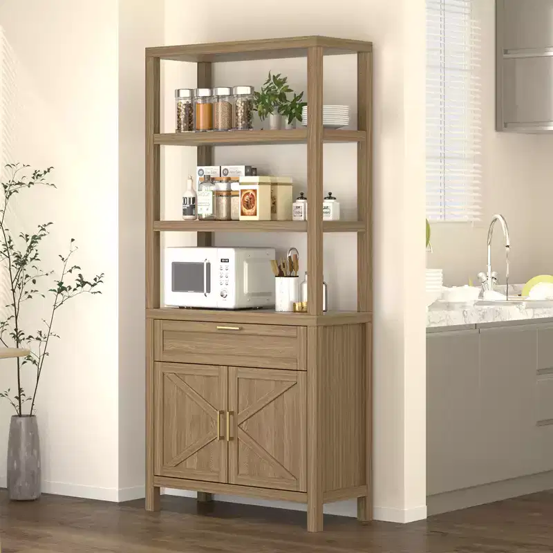 High-Rise Farmhouse Style Bookshelf with Double Doors and Drawers Modern Wooden Display and Storage Cabinet Ideal for Living Rooms and Bedrooms