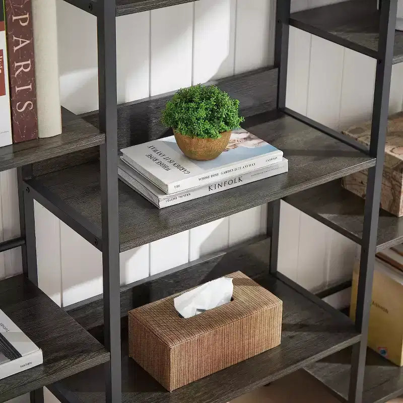 Triple Column 5 Tier Bookshelf, Freestanding Tall Display Shelves, Adjustable Rustic Industrial Style Book Shelves, Modern Bookshelves for Bedroom
