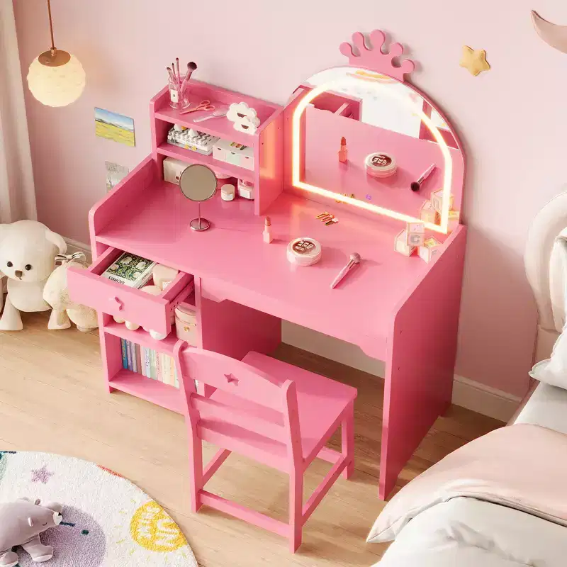 Kids Vanity with Lighted Mirror & Stool, Little Girl Vanity Table Set with Open Bookshelf, Toddler Dressing Table for Girls
