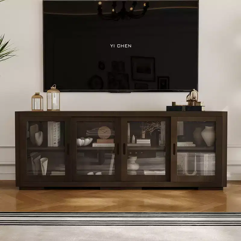Famapy Industrial TV Stand for living Room: Sliding Glass Doors, Adjustable Shelves, Space - Smart Design Media Console