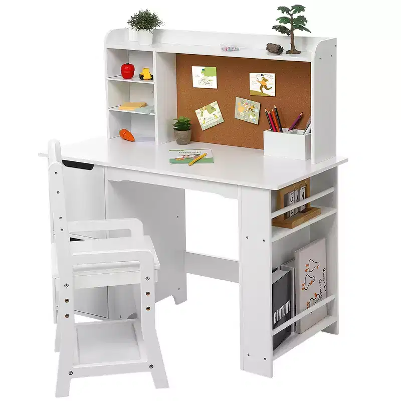 Kids Vanity & Study Desk Set  White Table with Chair, Bookshelf, Mirror, Cabinets & Bulletin Board for Ages 39