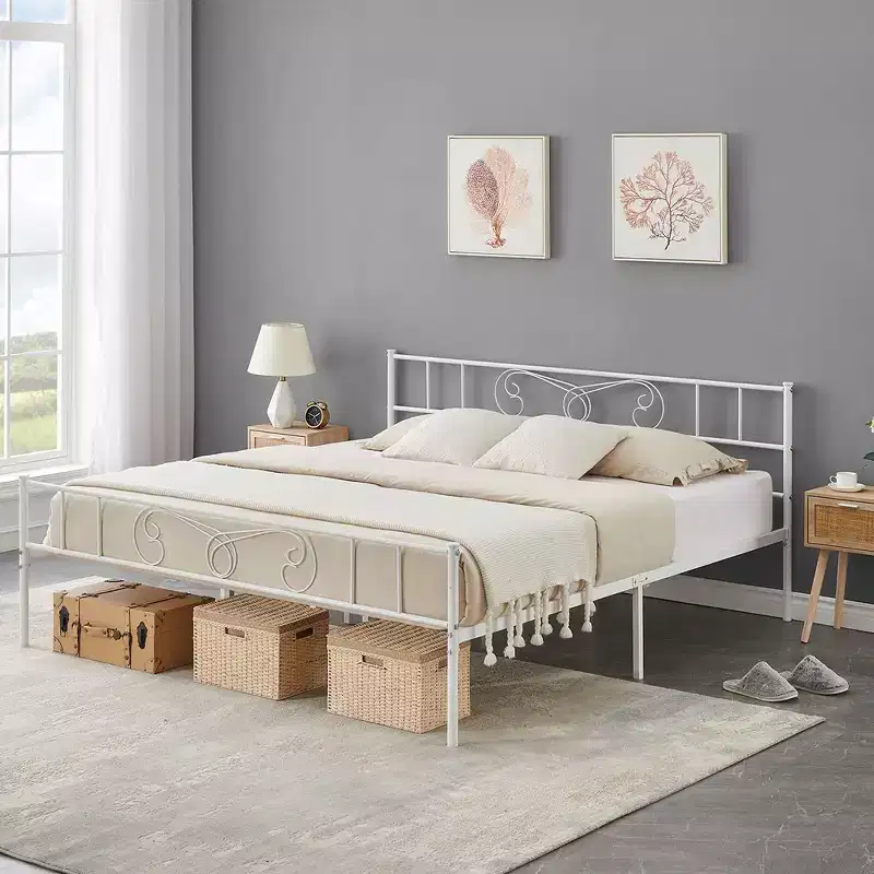 Garvee King Size Metal Platform Bed Frame with Headboard and Footboard, Steel Slat Support, Mattress Foundation, No Box Spring Needed, White
