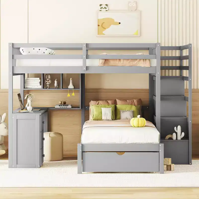 Full Over Twin Bunk Bed with Desk/Wardrobe and Drawers 4W - ModernLuxe
