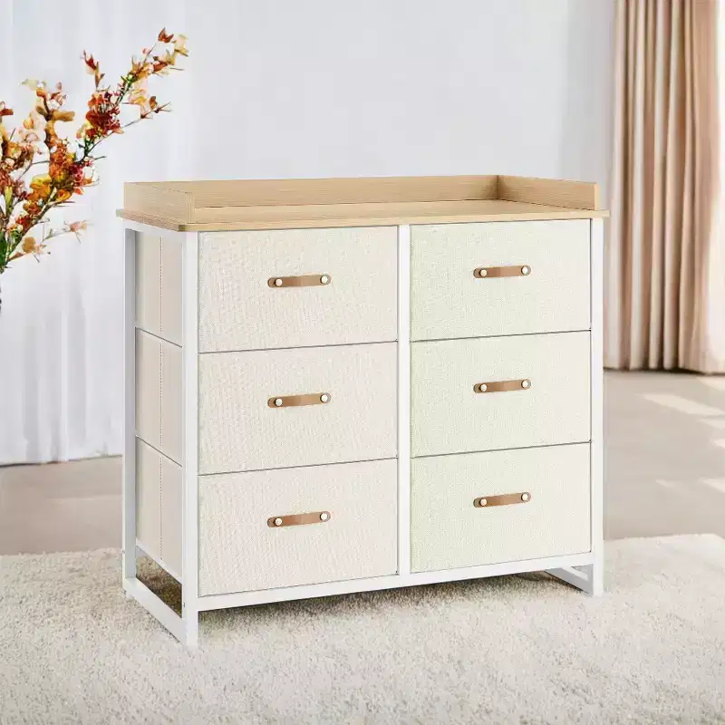 Dresser for Bedroom with 6 Drawers, Chest of Drawers, with Water-Resistant Changing Table, Storage Organizer Cabinet
