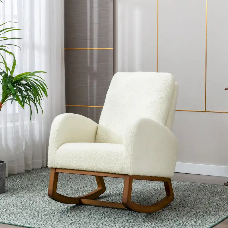 Teddy Fabric Upholstered High Back Mid-Century Modern Nursery Rocking Chair with Side Pocket