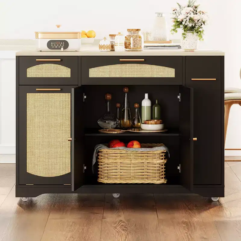 53 Kitchen Island With Drop Leaf, Rolling Kitchen Island Table on Wheels, Tilt Out Trash Can Cabinet with Drawers, Spice Rack for Living Room