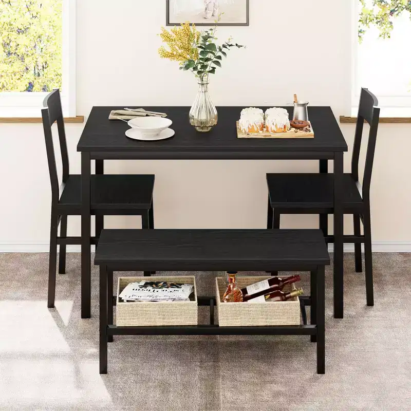 Dining Table Set for 4, Modern Kitchen Table with Chairs and Bench for Small Space, 4-Person Dining Room Table Set with Metal Frame and Storage Rack
