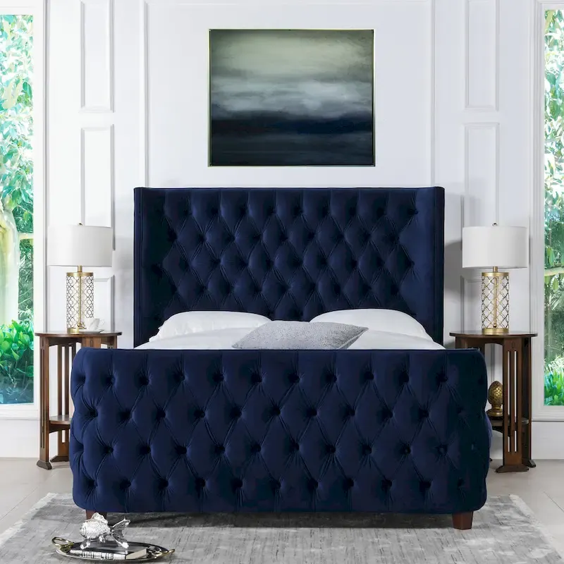 Velvet Upholstered Tufted Sheltered Panel Bed Set